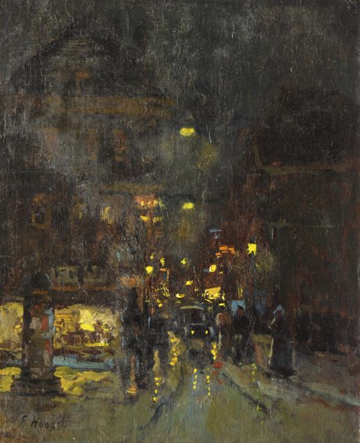 Hoos F.S.  | Townview by night, oil on canvas laid down on panel 30.0 x 24.4 cm, signed l.l.