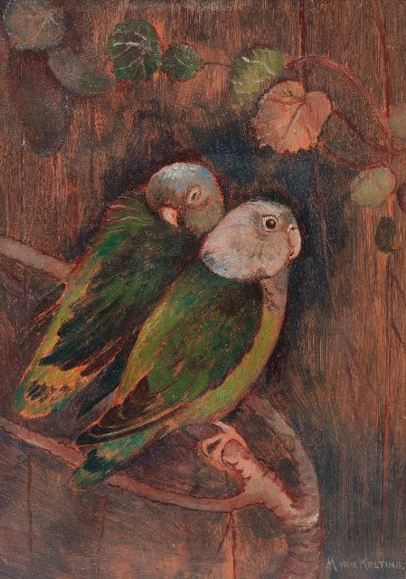 Marie Kelting | Two parkeets, oil on board, 23.1 x 16.6 cm, signed l.r.