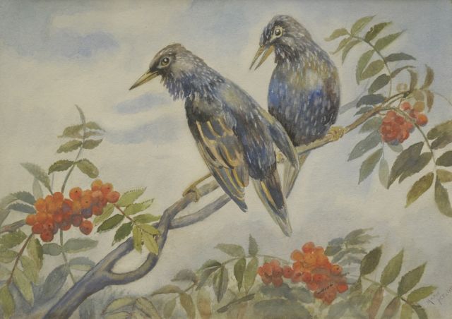 Marie Kelting | Two birds on a branch, watercolour on paper laid down on cardboard, 25.5 x 35.9 cm, signed l.r.