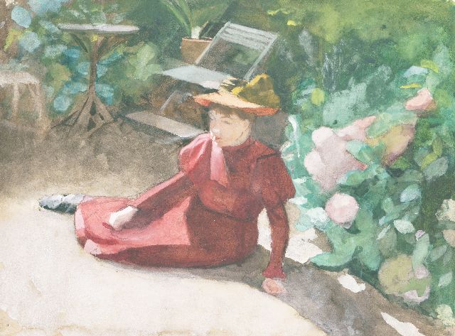 Marie Heineken | A woman in a garden, watercolour on paper, 44.5 x 55.6 cm