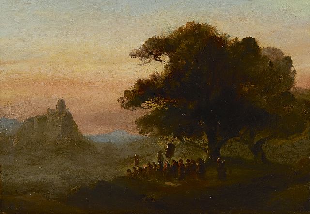 Tavenraat J.  | A landscape with a procession under an oak tree, oil on paper laid down on panel 24.0 x 34.0 cm