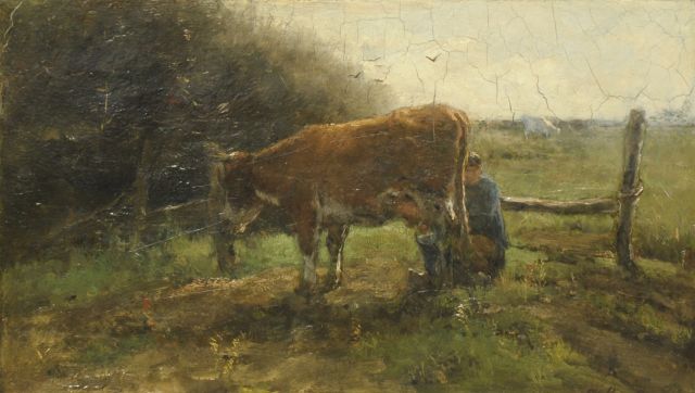 Willem Maris | Milking the cow, oil on canvas, 25.3 x 43.4 cm, signed l.r.