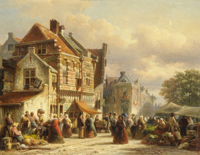 Bommel E.P. van | A vegetable market in a Dutch town, oil on panel 27.0 x 34.9 cm, signed l.l. and dated '52