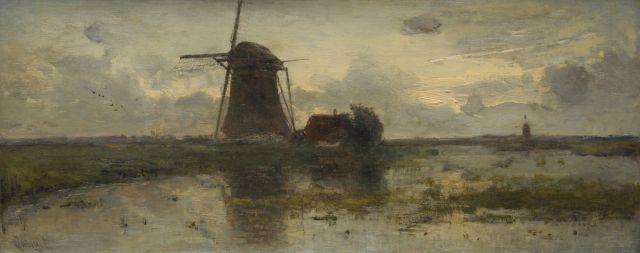 Constan Gabriel | Windmill in Dutch landscape at sunset, oil on canvas, 25.3 x 60.5 cm, signed l.l.