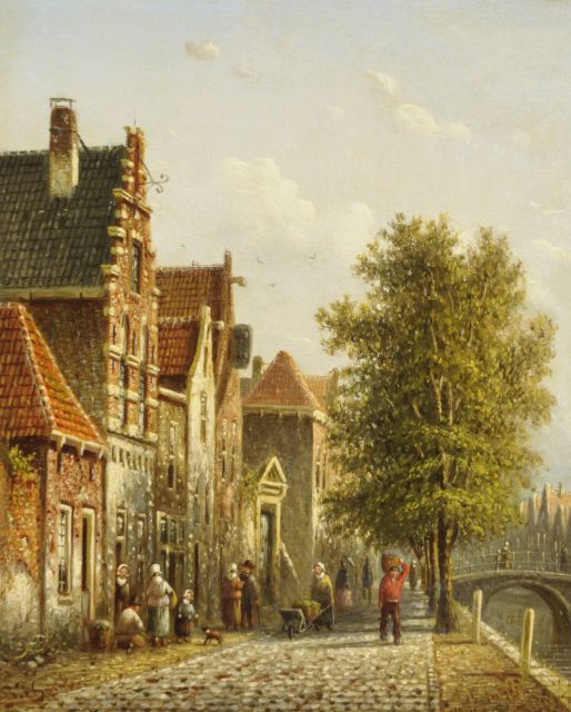 Johannes Franciscus Spohler | A sunny canal in a Dutch town, oil on panel, 19.4 x 15.8 cm, signed l.l.