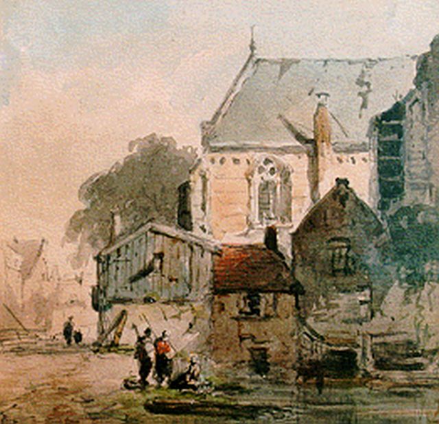 Adrianus Eversen | Figures by church, watercolour on paper, 12.4 x 12.7 cm, signed l.r. with monogram