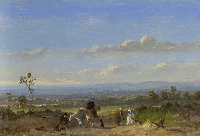 Tavenraat J.  | Hunting party in a landscape, oil on panel 10.3 x 15.0 cm, signed l.l. (vague)