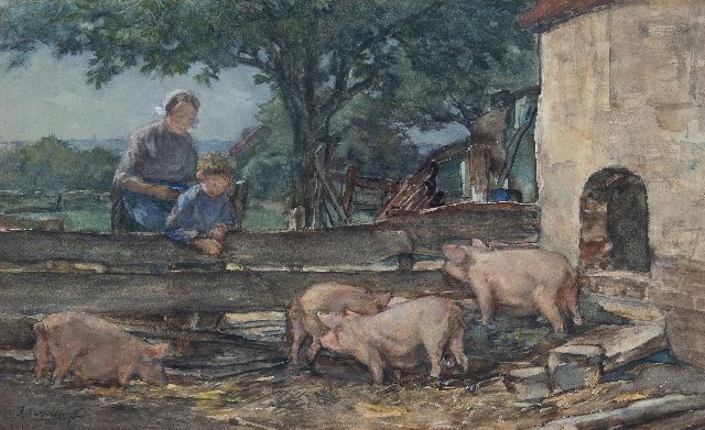 Akkeringa J.E.H.  | Dries watching the pigs, watercolour on paper 27.7 x 45.0 cm, signed l.l.