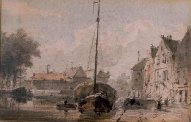 Adrianus Eversen | Moored haybarge, watercolour on paper, 9.0 x 13.8 cm