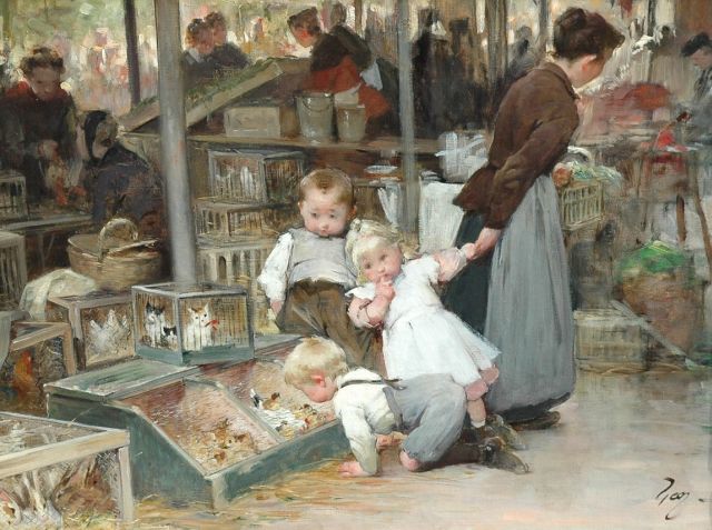 Geoffroy H.J.J.  | The animal market in Belleville, oil on canvas 47.4 x 63.9 cm, signed l.r.
