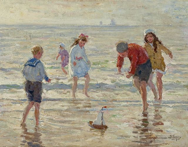 Ben Viegers | Children playing on the beach, oil on canvas, 36.6 x 46.6 cm, signed l.r.