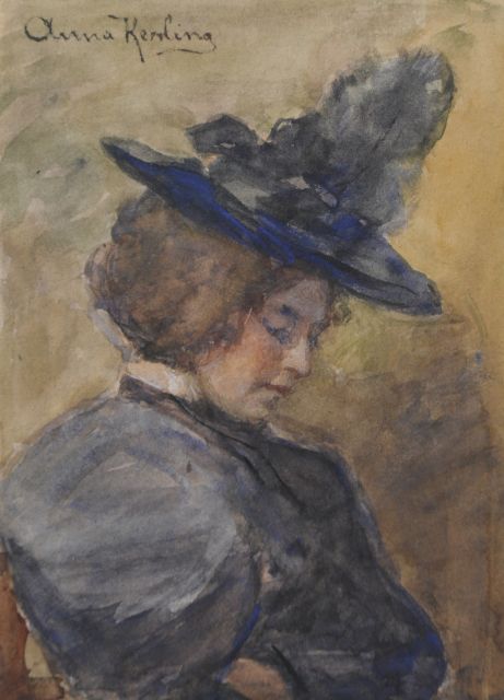 Kerling A.E.  | Lady with hat, watercolour on paper 16.1 x 11.6 cm, signed u.l.