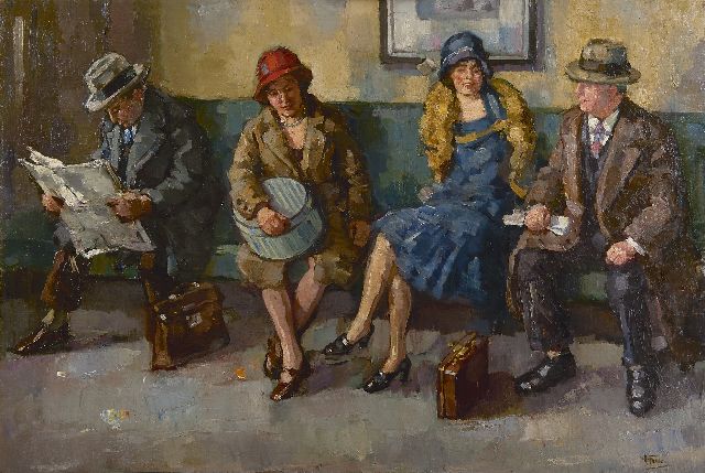 Abraham Fresco | Travellers in a station, oil on canvas laid down on panel, 60.9 x 90.0 cm, signed l.r.