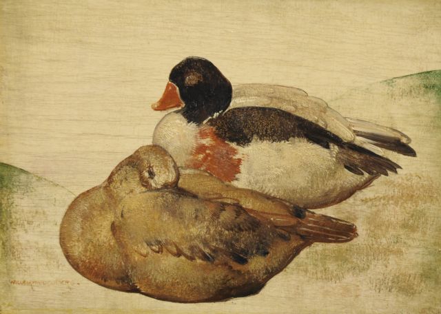 Berg W.H. van den | Two ducks, oil on panel 16.0 x 22.0 cm, signed l.l. and reverse