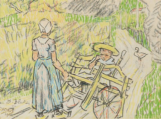 Toorop J.Th.  | Nurse with Fransje Elout and the domestic goose 'de Poele' in Domburg, coloured chalk on paper 11.0 x 15.1 cm, signed l.l. and dated 1907