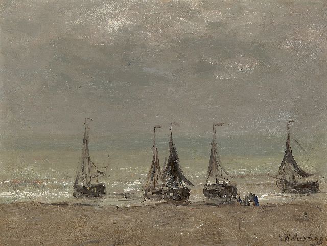 Hendrik Willem Mesdag | Five fishing boats on the beach, oil on canvas laid down on panel, 30.4 x 40.4 cm, signed l.r.