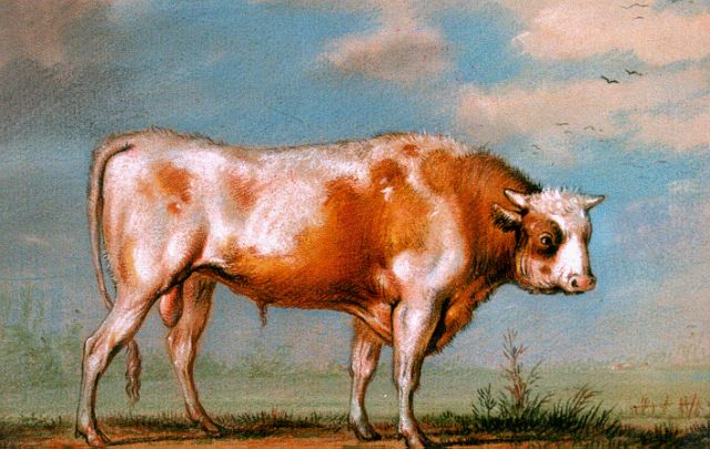 Verboeckhoven E.J.  | Red-and-white bull, pastel on paper 12.5 x 16.6 cm, signed l.l. with monogram and dated 1817