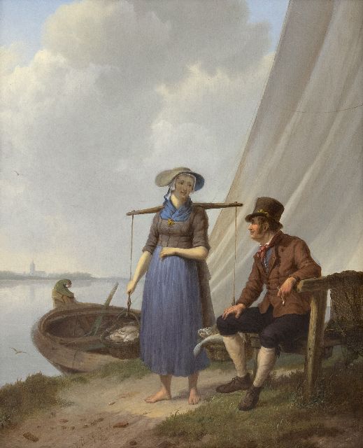 Koekkoek J.H.  | A fisherman and woman, chatting, oil on panel 33.1 x 26.9 cm, signed l.c. and dated 1834