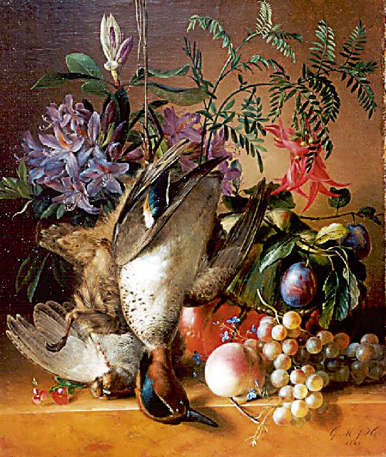 Geertruida Margaretha Jacoba Huidekoper | A still life with flowers, fruits and dead game, oil on canvas laid down on panel, 54.2 x 46.3 cm, signed l.r. with initials and dated 1844