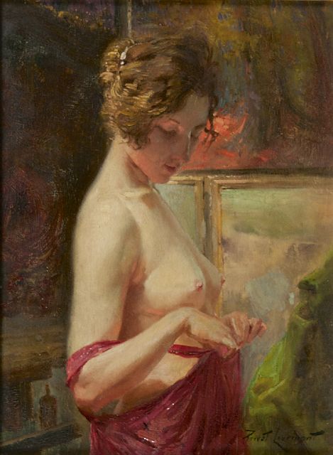Privat Livemont | A young woman, undressing, oil on panel, 29.8 x 22.7 cm, signed l.r.