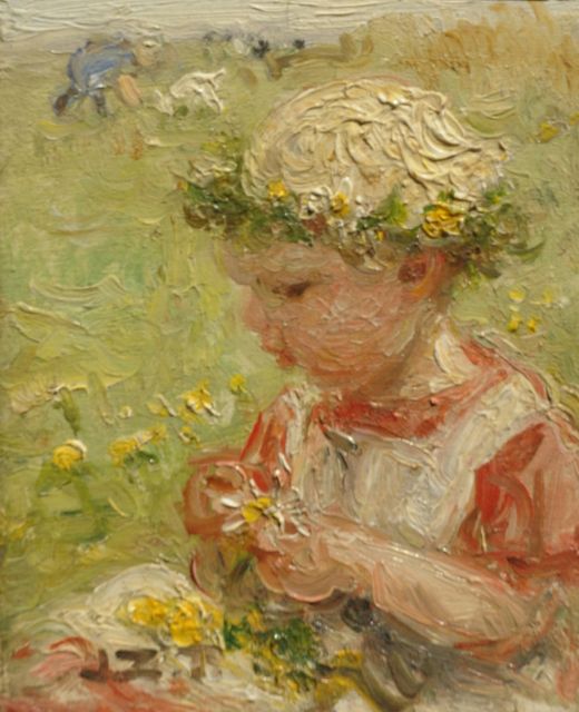 Jan Zoetelief Tromp | Little girl picking flowers, oil on panel, 9.3 x 7.3 cm, signed l.l. with initials and in full on the reverse