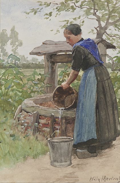 Martens W.  | At the well, watercolour on paper 22.0 x 14.7 cm, gesigneerd r.o.