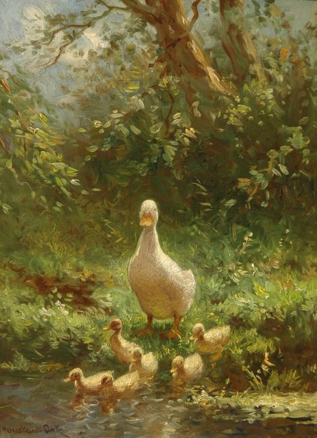 Constant Artz | A duck with six ducklings on a river bank, oil on panel, 24.1 x 18.0 cm, signed l.l.