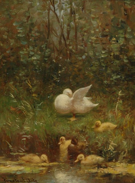 Artz C.D.L.  | Duck with ducklings watering, oil on panel 24.0 x 18.0 cm, signed l.l.