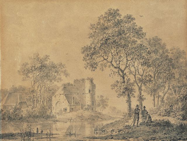Barend Cornelis Koekkoek | Figures in a landscape, a ruin beyond, washed pen on paper, 13.7 x 17.7 cm, signed l.l.