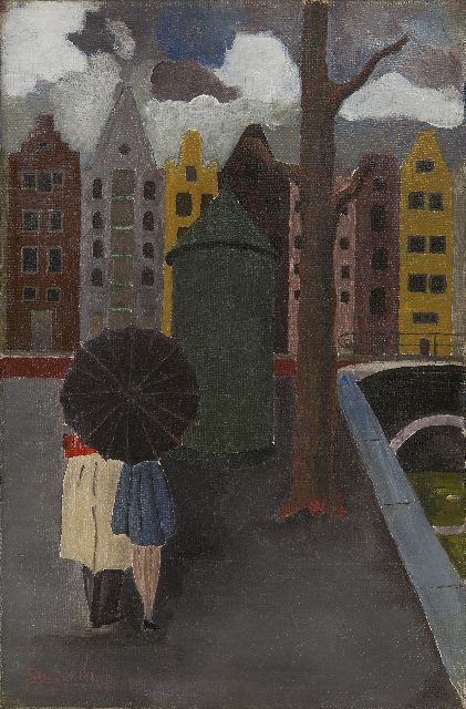 Dijkmans C.  | A rainy day, Amsterdam, oil on canvas 30.0 x 19.9 cm, signed l.l.