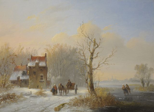 Jacobus van der Stok | Winter scene with skaters and horse cart, oil on panel, 19.6 x 26.4 cm, signed l.r.