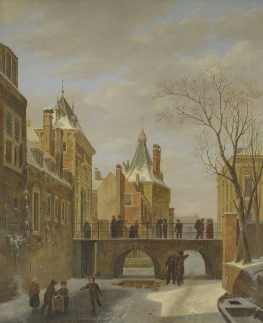 Hove B.J. van | Skaters by the 'Grenadierspoort', The Hague, oil on panel 47.4 x 38.1 cm, signed l.r. and dated 1823