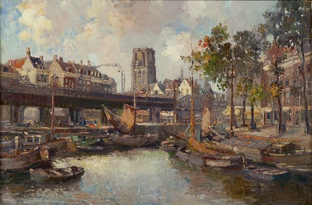 Delfgaauw G.J.  | The Kolk in Rotterdam with the Sint-Laurenskerk, oil on canvas 40.5 x 60.3 cm, signed l.l.