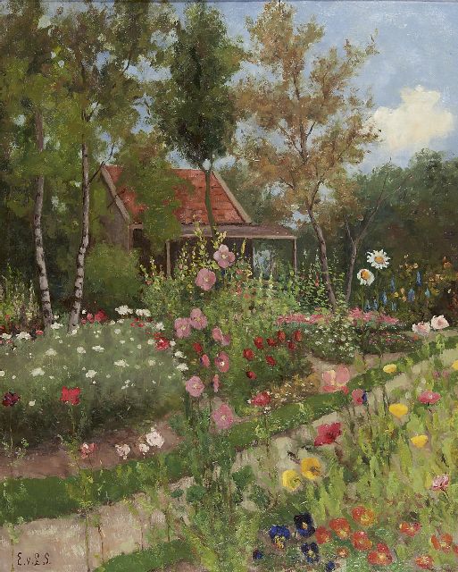 Eldina Aldegonda Rinsina van Limburg Stirum | A flower garden with a house, oil on canvas, 80.5 x 65.7 cm, signed l.l. with initials