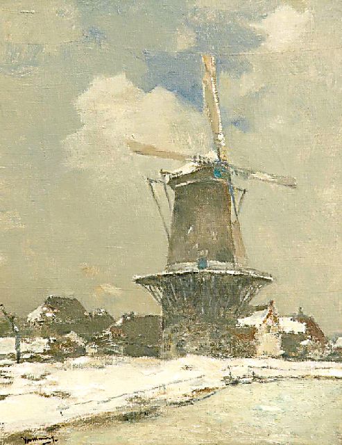 Ype Wenning | Flour mill De Hoop in Oudewater, in wintertime, oil on canvas, 53.6 x 41.5 cm, signed l.l.