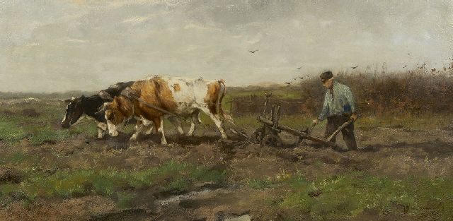 Scherrewitz J.F.C.  | Ploughing farmer, oil on canvas 40.1 x 80.4 cm, signed l.r.