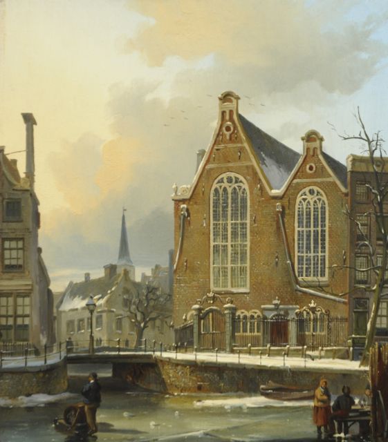 Behr C.J.  | The Singel with the Oude Lutherse Kerk, Amsterdam, oil on panel 26.3 x 23.2 cm, signed signed l.l. with initials on the sledge