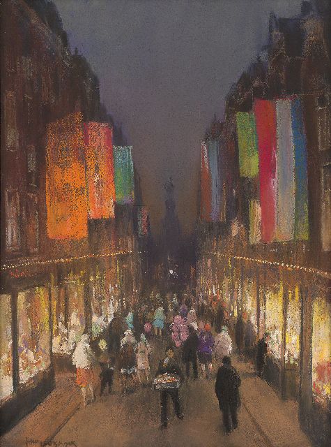Herman Heijenbrock | The Kalverstraat with flags, by night, pastel on paper, 61.0 x 39.3 cm, signed l.l.