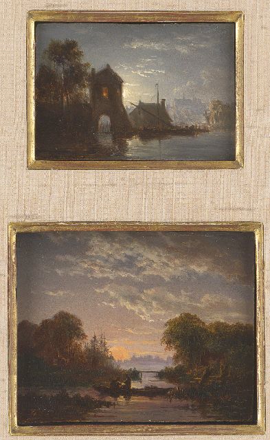Jacob Abels | Fishing at dawn and A moonlit harbour (together in one frame), oil on panel, 9.6 x 11.6 cm, signed one signed  l.l. with monogram