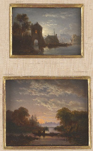 Abels J.Th.  | Fishing at dawn and A moonlit harbour (together in one frame), oil on panel 9.6 x 11.6 cm, signed one signed  l.l. with monogram