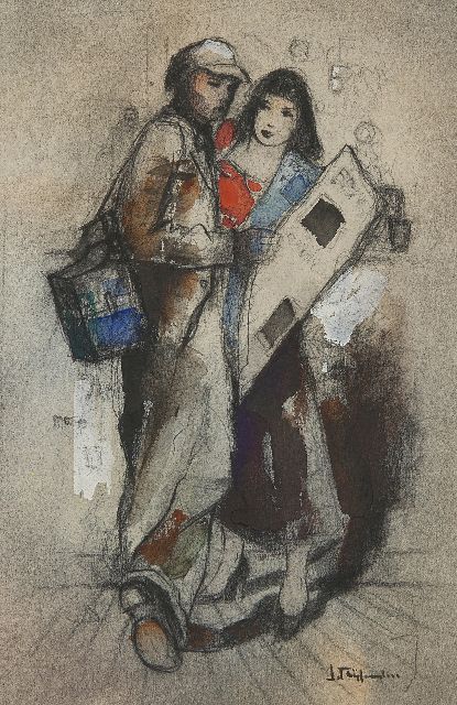 Jan Rijlaarsdam | Musician and woman at the bar, black chalk and watercolour on paper, 26.3 x 17.5 cm, signed l.r.