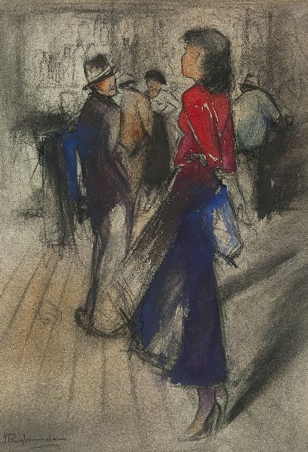 Rijlaarsdam J.  | Flirtation, chalk and watercolour on paper 38.5 x 27.5 cm, signed l.l.