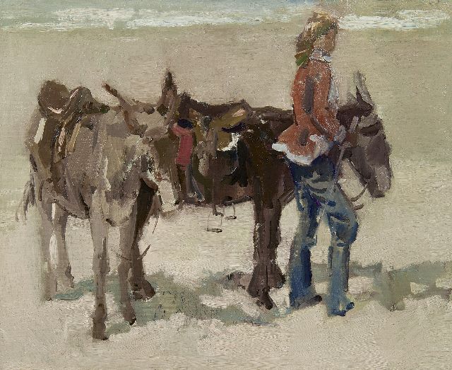 Boer H. de | A girl with donkeys on a beach, oil on canvas 46.0 x 55.8 cm