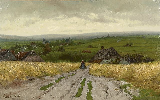 Jan H.B. Koekkoek | Panoramic landscape with a country woman on a path, oil on canvas, 64.3 x 102.4 cm, signed l.l.