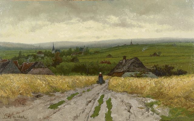 Koekkoek J.H.B.  | Panoramic landscape with a country woman on a path, oil on canvas 64.3 x 102.4 cm, signed l.l.