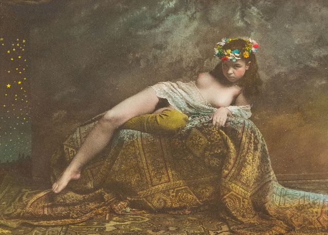 Jan Saudek | Reclining nude with coronet of flowers, photo, silver gelatin print, hand colored, 29.9 x 40.0 cm, signed l.r. and executed ca. 1960-1995