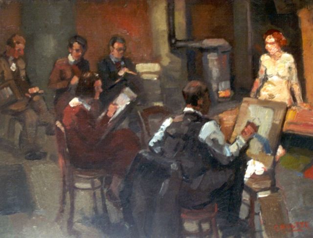 Cor Noltee | A painter's class, oil on canvas, 34.0 x 45.0 cm, signed l.r.