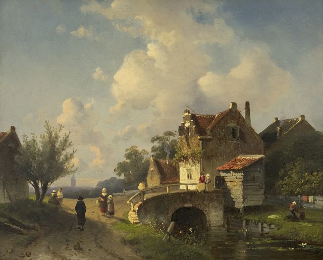 Leickert C.H.J.  | Houses in a river landscape, oil on panel 20.0 x 24.7 cm, signed signed twice (l.l. and l.r.) and painted ca. 1860