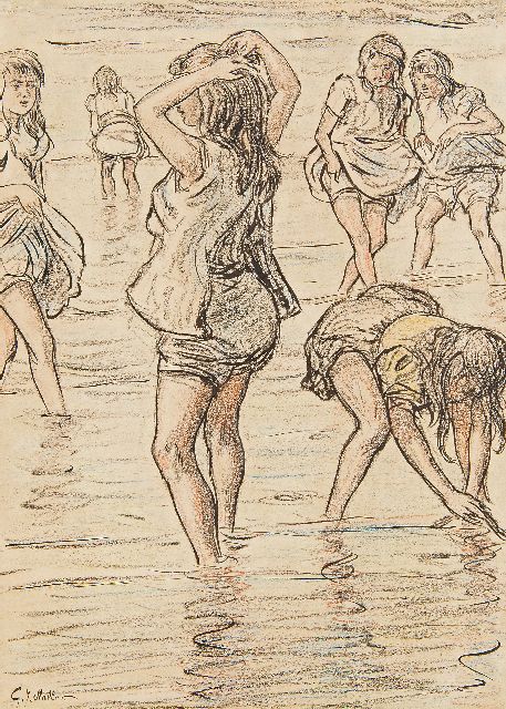 Gerard Johan Staller | Girls paddling in the sea, chalk and Indian ink on paper, 33.8 x 24.0 cm, signed l.l.