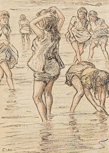 Staller G.J.  | Girls paddling in the sea, chalk and Indian ink on paper 33.8 x 24.0 cm, signed l.l.